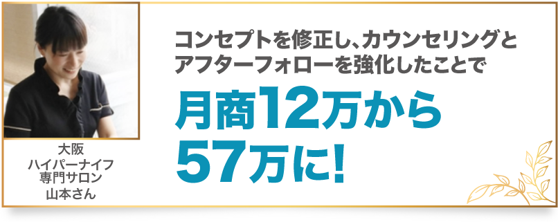 コンセプトを修正し、カウンセリングとアフターフォローを強化したことで月商12万から57万に！ 大阪　ハイパーナイフ専門サロン　山本さん